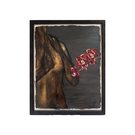 Artistic depiction of a figure with red flowers against a dark background.