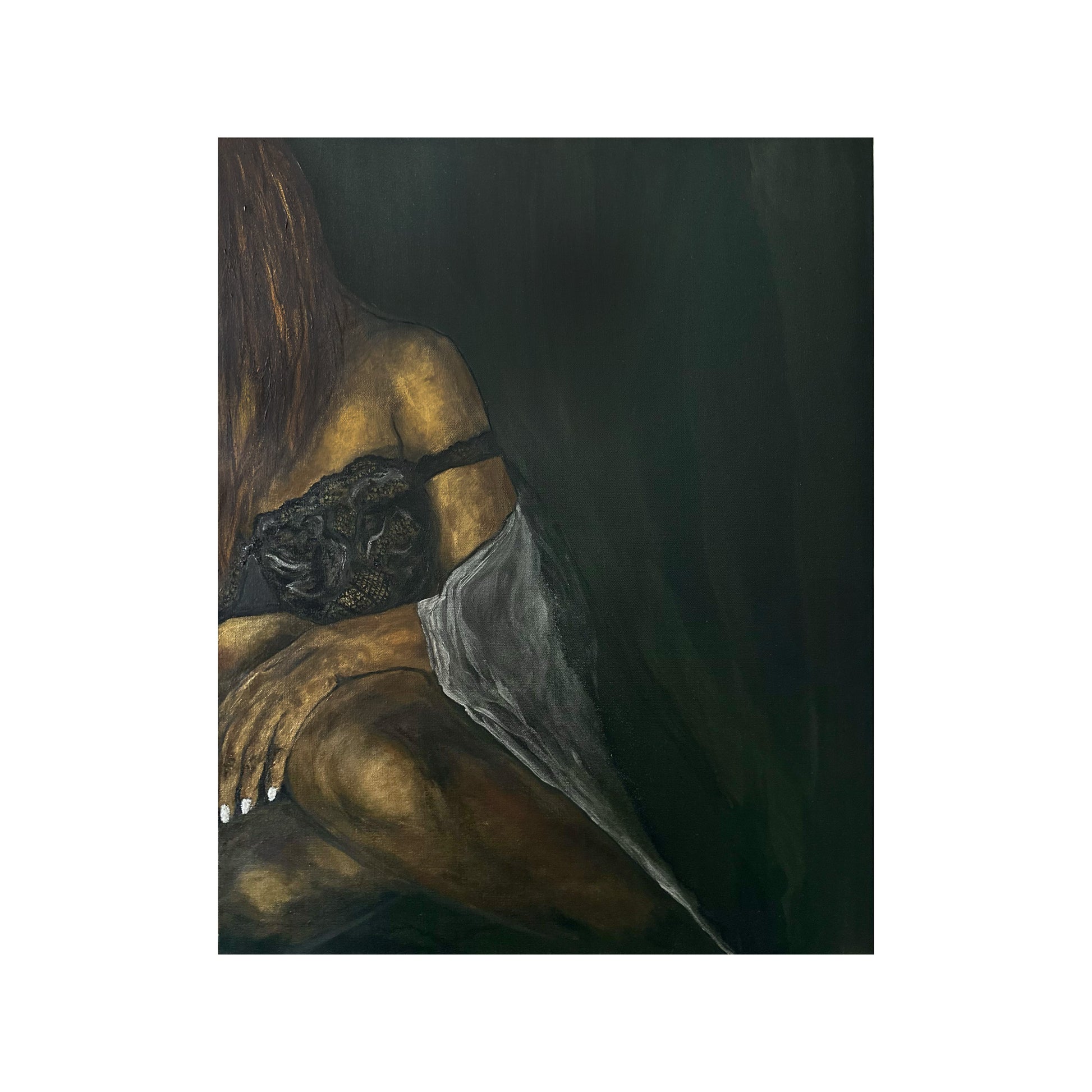 Painting of a female in black lace bra with silver robe falling off shoulders.  