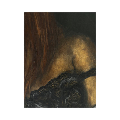 Close up of painting at Night of black lace bra.